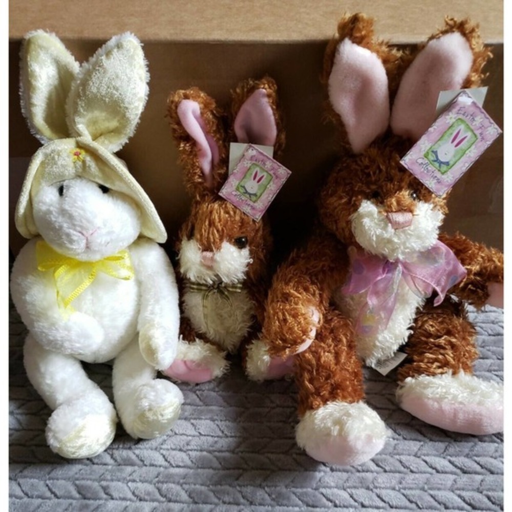 Lot of 3 Dan Dee Easter Plush Brown Bunny Stuffed‎ Animal 13” Wish Pet White